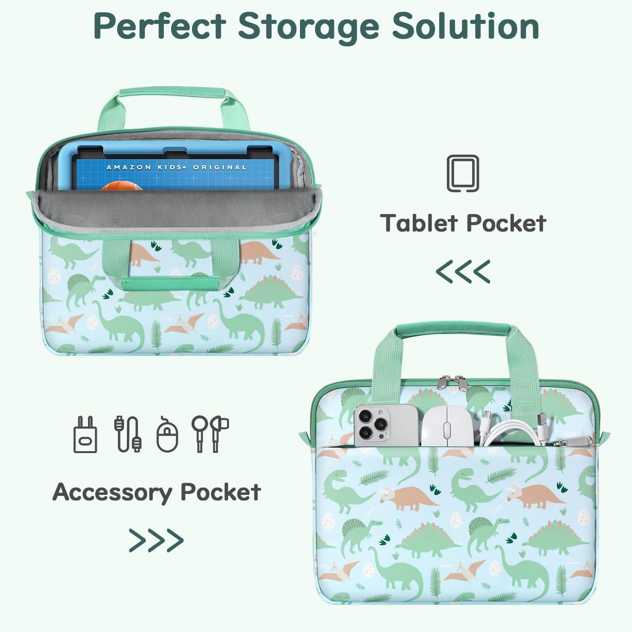 Dadanism Tablet Bag for Kids, 12.5 Inch Portable Tablet Sleeve Carrying Case with Handle & Shoulder Strap, Fits Fire HD 10 Kids (Pro) 13th/11th Gen 2023/2021, Fire Max 11 13th Gen, Green Dinosaur - Image 4
