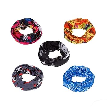 DELHI TRADERSS  Unisex 12 in 1 Multifunctional Microfiber Polyester Neck and Face Protection Bandana Tube, Headwrap for Riders, Gym, Yoga (Assorted Designs and Colors) - Pack of 5 Pcs
