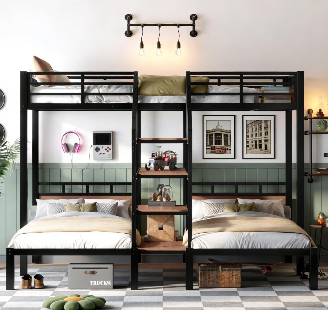 Bellemave Twin Triple Bunk Bed with Storage Shelves and Storage Stairs, Metal Twin Bunk Beds for 3, 3 bunk Bed for Kids, Adults（Heavy Metal, Black）