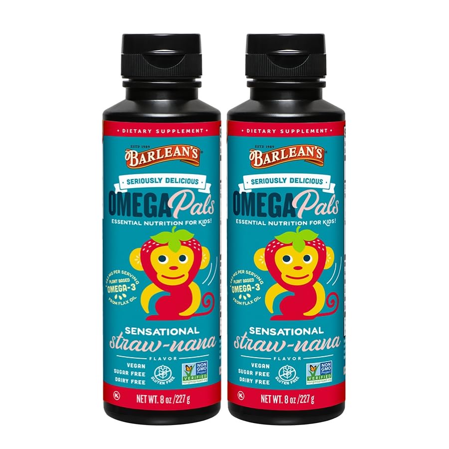 Barlean's Straw-Nana Omega Pals Kids Omega-3, 1483mg ALA, 8oz, 2-Pack Sensational Straw-Nana 8 Fl Oz (Pack of 2)