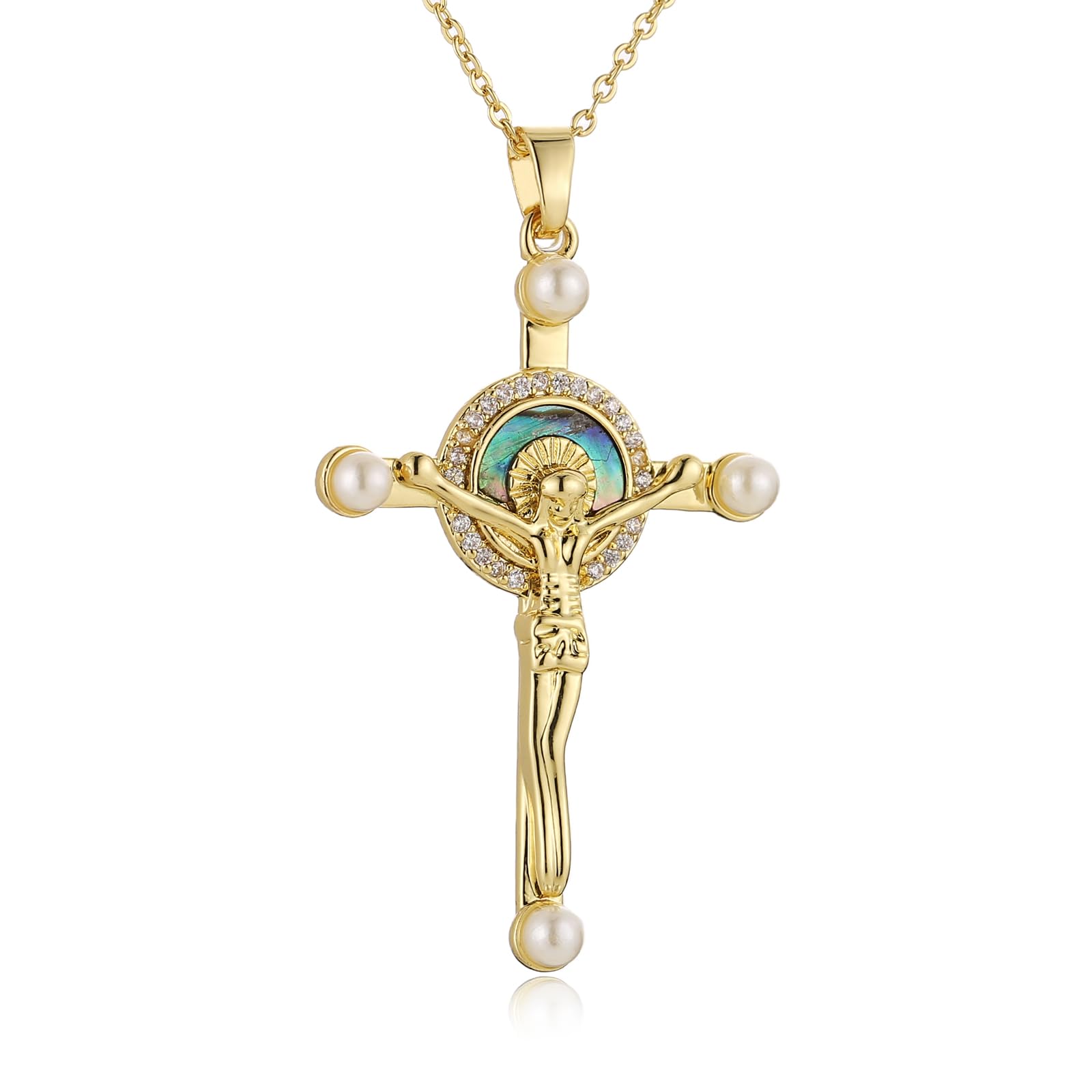 HZMAN Crucifix Cross Necklace for Women Dainty 14K Gold Plated Cross Pendant Necklace Christian Faith Jewelry Gift
