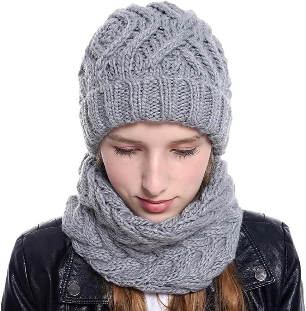 Mützen Winter Mützen Damen Winter-Strickmütze Und Schal-Set, Halswärmer, Mädchen, Lässig, Dick Wintermütze (Color : D, Size : One Size)