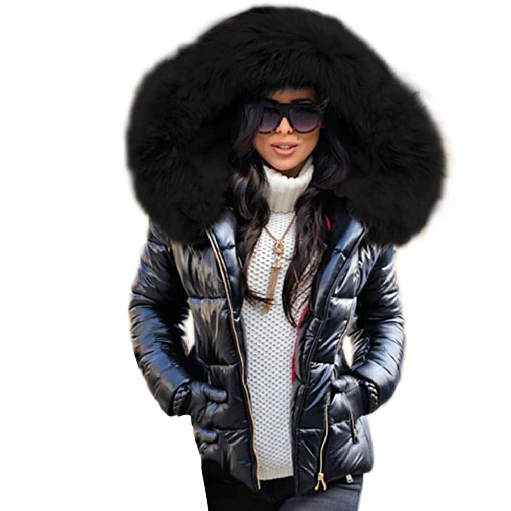 Enen Women's Black 1 Padded Faux Fur Parka Coat, Outwear Winter Warm Lady Thicken Puffer Slim Zipper Jacket Long Sleeve Windproof Fleece Hooded Coat (,4Xl)