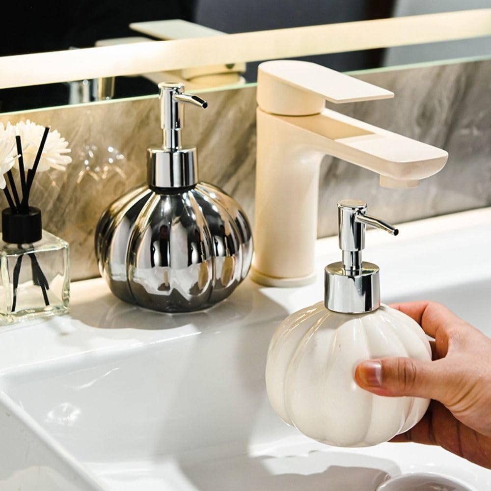 Dispenser di Schiuma in Ceramica a Forma di Zucca, Accessori, Elegante flacone con Pompa da 350 ml per Lavanderia (Argento)