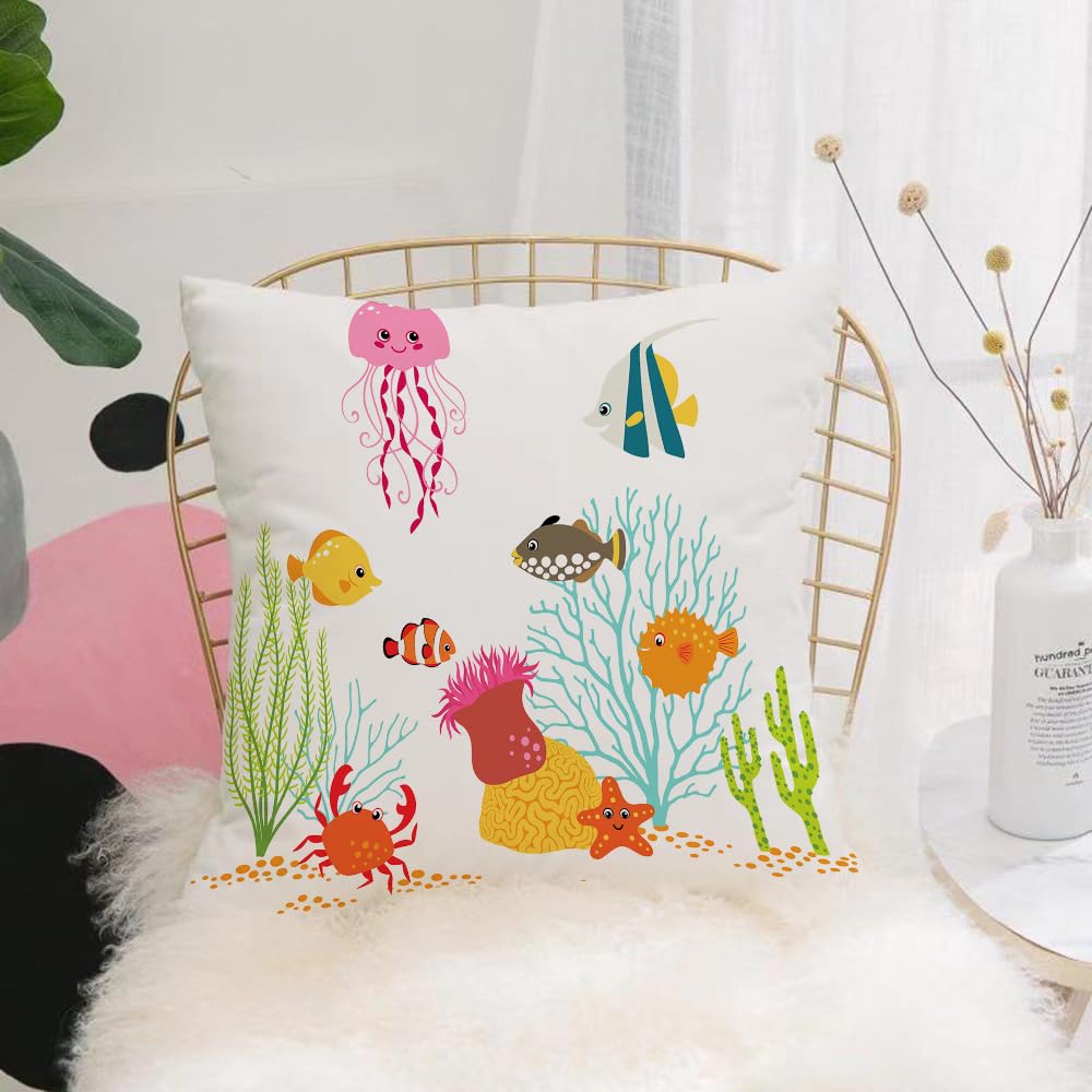 HYOSXW Cushion Cover,Throw Pillow Case Home Decorative for Living Room Bedroom Sofa Chair 16X16 Inch,Ocean, aquatic cartoon characters fish jellyfish coral algae happy underwater w,Pillowcase 40X40cm