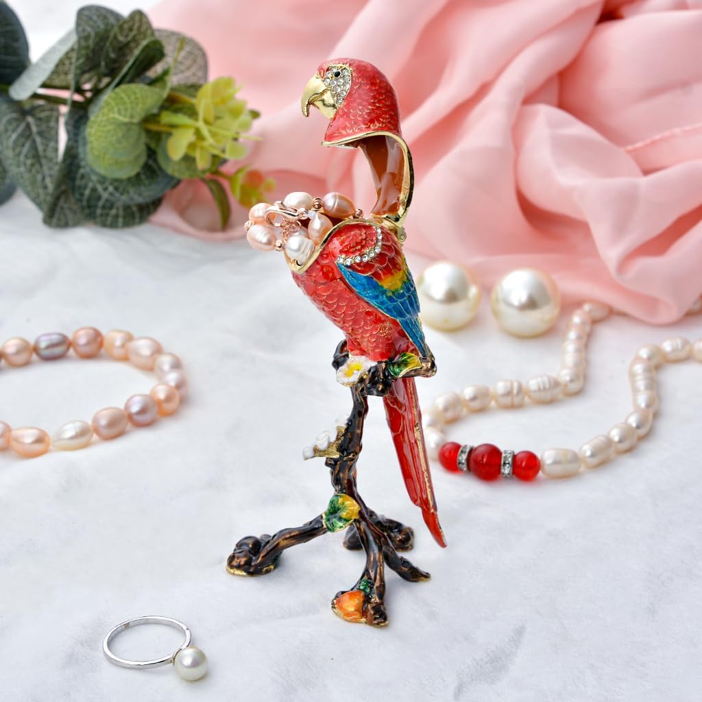 Golden Crystal Enameled Red Parrot Jewelry Box, Hand-Painted Hinged Bird Trinket Box, Elegant Home Décor & Gift for Bird Lovers