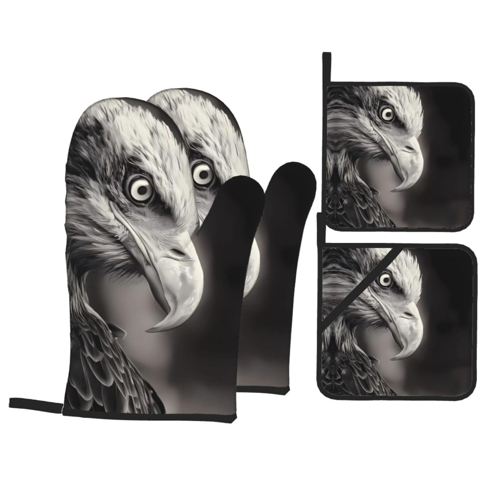 HJFCZH Eagle black and white Prints Kitchen Throw Set: Durable Oven Layers with Waterproof Polyester – 4 Piece Heat Protection System