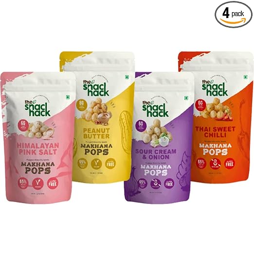 The Snack Hack Combo Makhana Pops | Himalayan Pink Salt , Peanut Butter, Sour Cream and Onion, Thai Sweet Chilli | Fox Nuts | Gorgon Nuts | Healthy Snacks | Roasted Makhana | Snack for Kids | Gluten Free | Healthy & Crispy Muchies | Pack of 4 x 65gms each