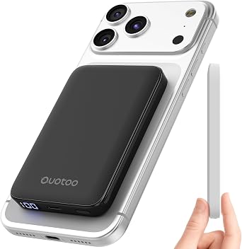 Ouotoo Ultra-Thin Magnetic Power Bank 5000mAh, 15W Qi Fast Wireless Charging Portable Battery Pack, 20W USB-C PD Magsafe Compatible for iPhone 16 15 14 13 12, LED Display/Portable/Travel/Pocket