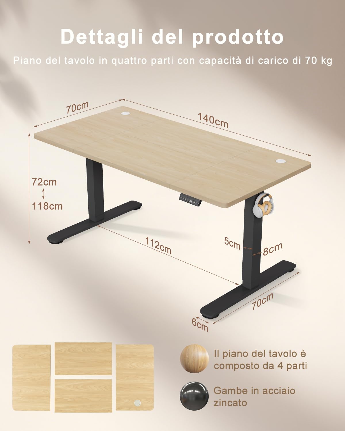 TRIUMPHKEY Scrivania Elettrica Regolabile in Altezza 140 x 70cm,Presa USB,3 Controllo Memoria,Scrivania da Ufficio e Casa, Standing Desk