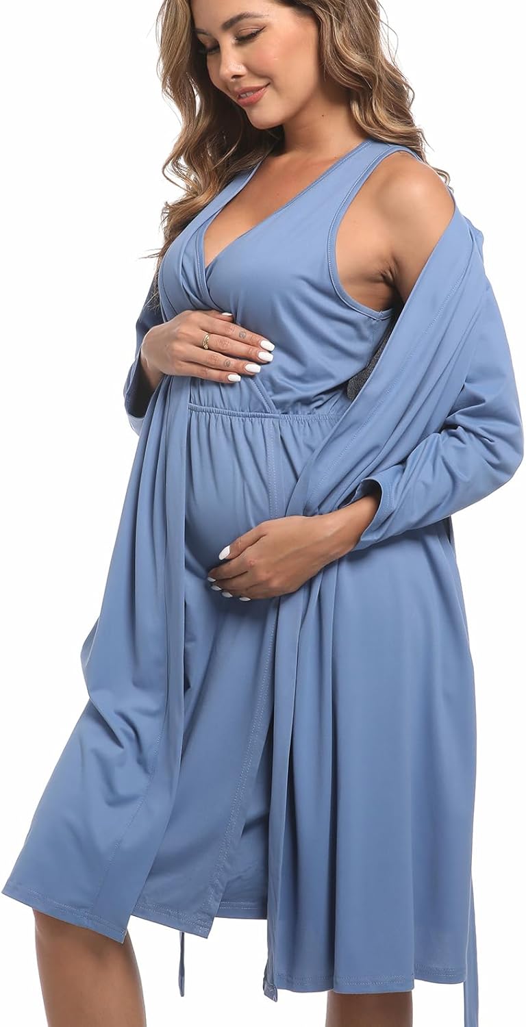 QTECLOR Mommy Robe Set for Maternity with Matching Swaddle Blanket, Delivery Labor Gown Robe for Hospital Women Dress - Image 2