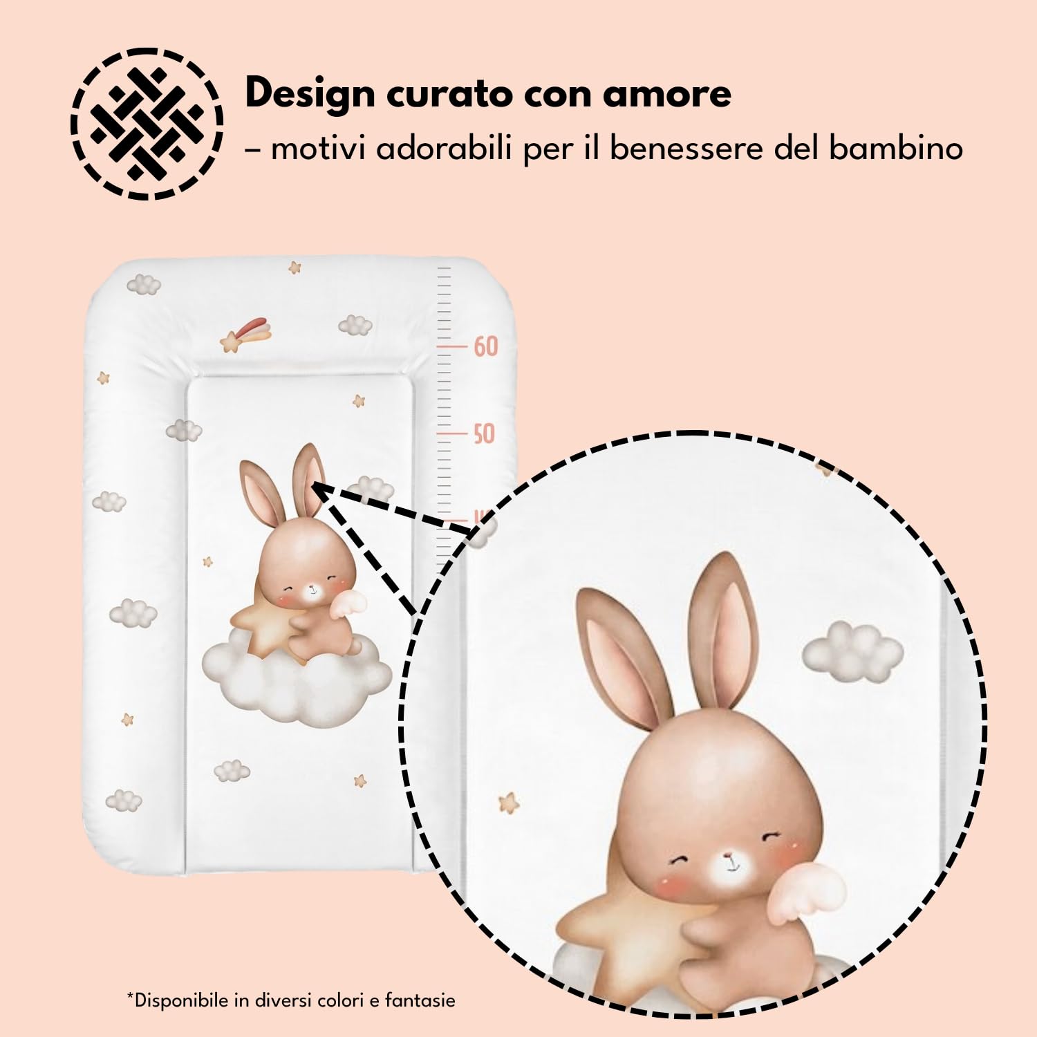Materassino fasciatoio 50x70 cm, bianco con coniglio – impermeabile e lavabile, morbido per neonati – cuscino fasciatoio per cassettiera – materassino cambio pannolino, facile da pulire