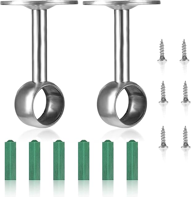 2 Pcs Closet Pole Sockets, Ceiling Mount Curtain Bracket Clothes Tension Rod Supports Flange Round Holder Stainless Steel Heavy Duty Tension Pole for Wardrobe Shower Rod Kit with Screws(25mm)