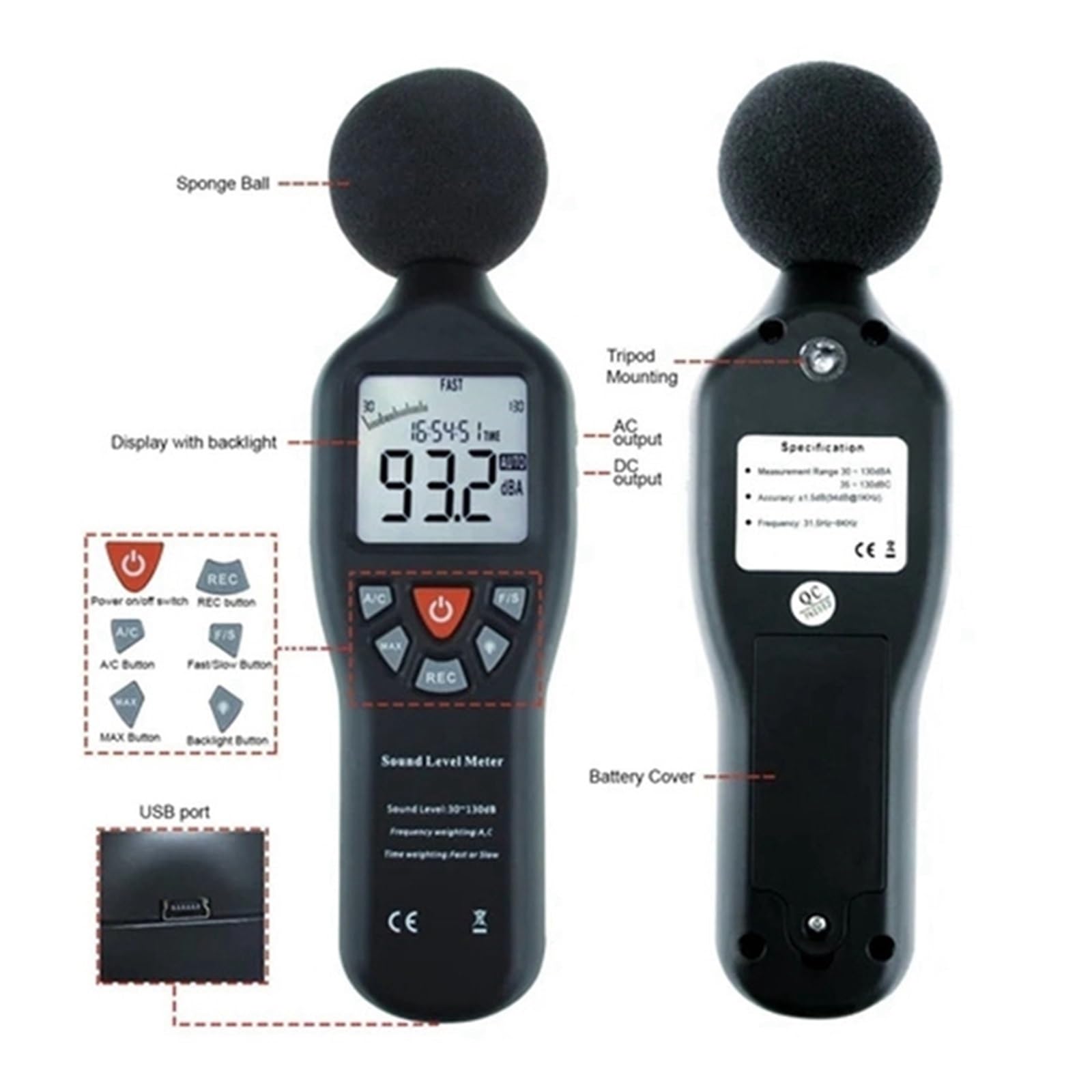 Medidor de sonido digital Medidor de nivel sonido Sensor ruido alta precisión medidor decibelios 30-130DB Monitor LCD Digital probador grabadora USB con CD Probador de nivel de ruido de decibeles