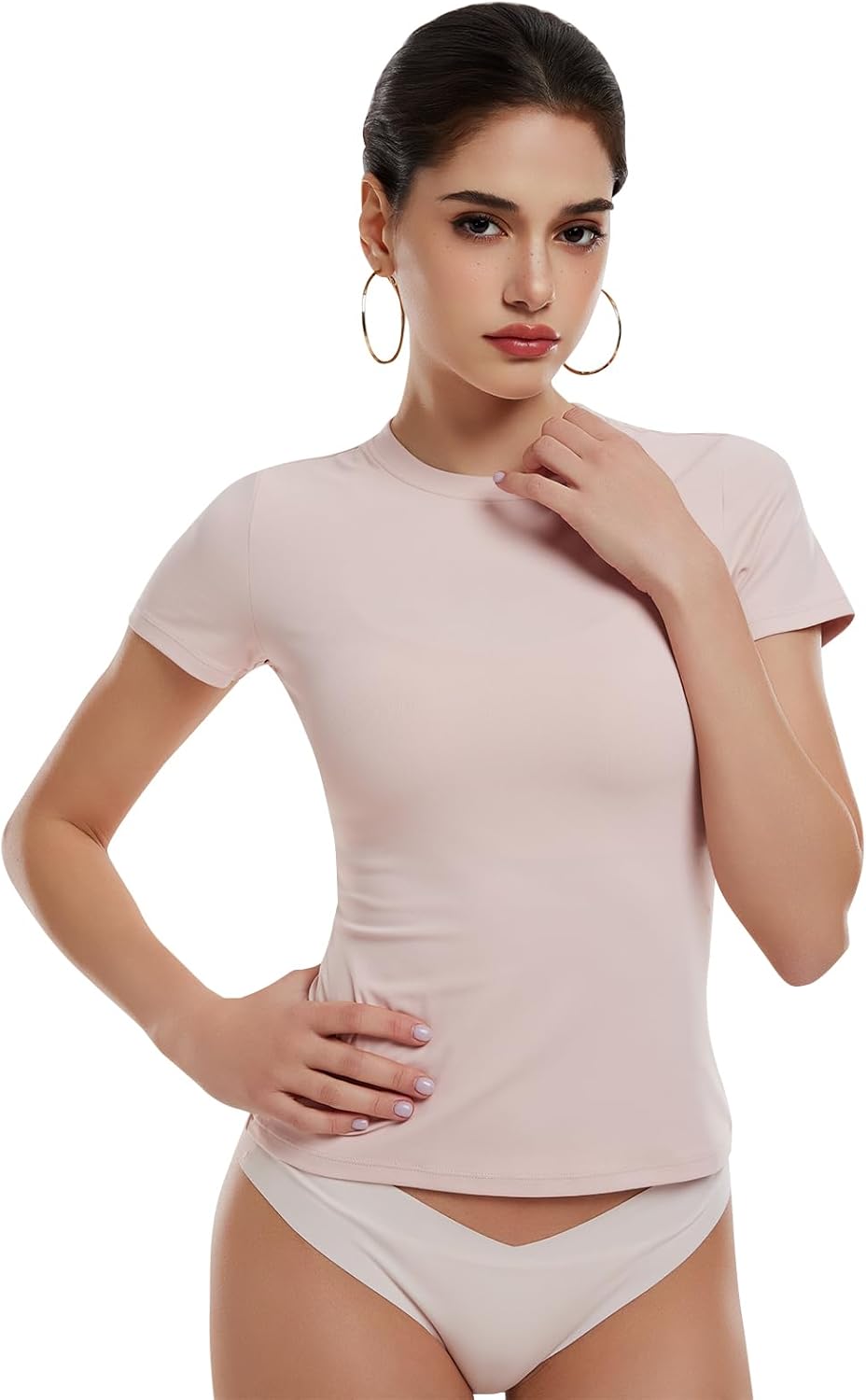 Women's Short Sleeve Crop Tops Slim Fit T Shirts Non See Through 82% Nylon Spandex Basic Stretchy Y2K Casual Workout Tees
