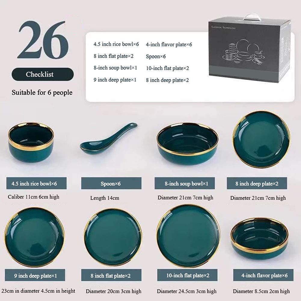 26 szt. ceramicznych nowoczesnych talerzy obiadowych, styl nordycki ciemnozielony Phnom Penh kamionkowy zestaw zastawy stołowej, serwis dla 6 osób