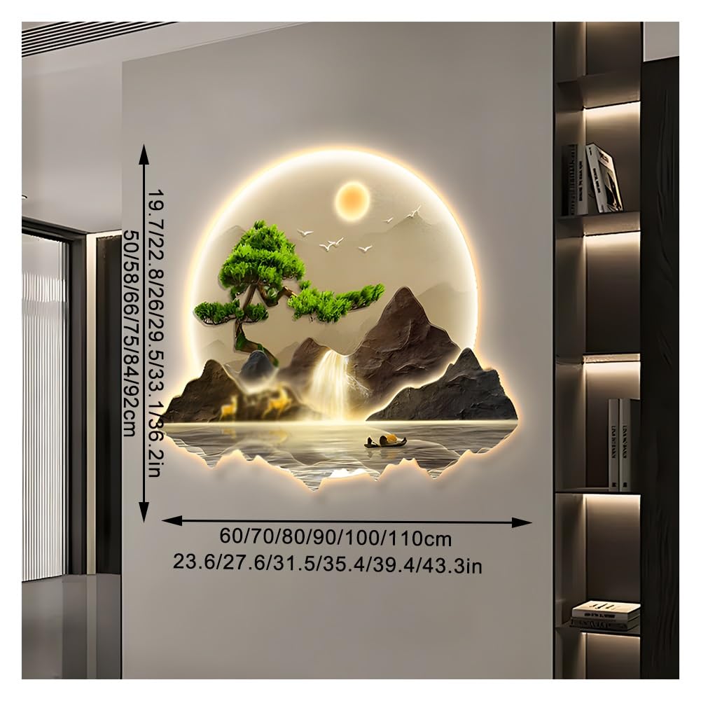 3D Decoración De Pared Con Luces Led, Metal Wall Art Home Decor Decoración De Pared Arte Lámpara, Paisaje Pintura De Pared Arte Colgar Cuadros, Para Dormitorio Salón Oficina(Gold-B,70x58cm/27.6x22.8in