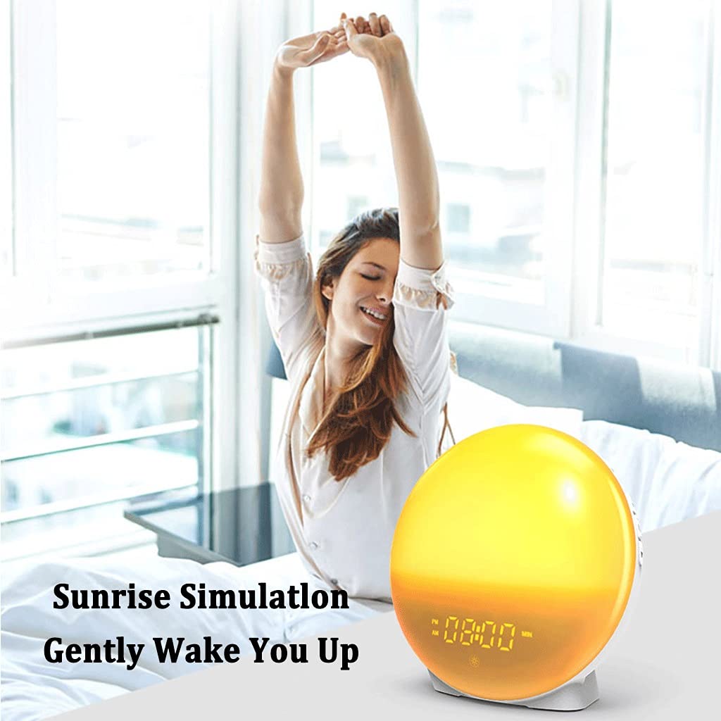 Lampada da Comodino Sunrise Simulation, Wake-Up Light Sveglia, con 6 Suoni Naturali e Funzione Snooze, Radio FM e 4 Sveglie, Sveglia Digitale per Aiuto Al Sonno