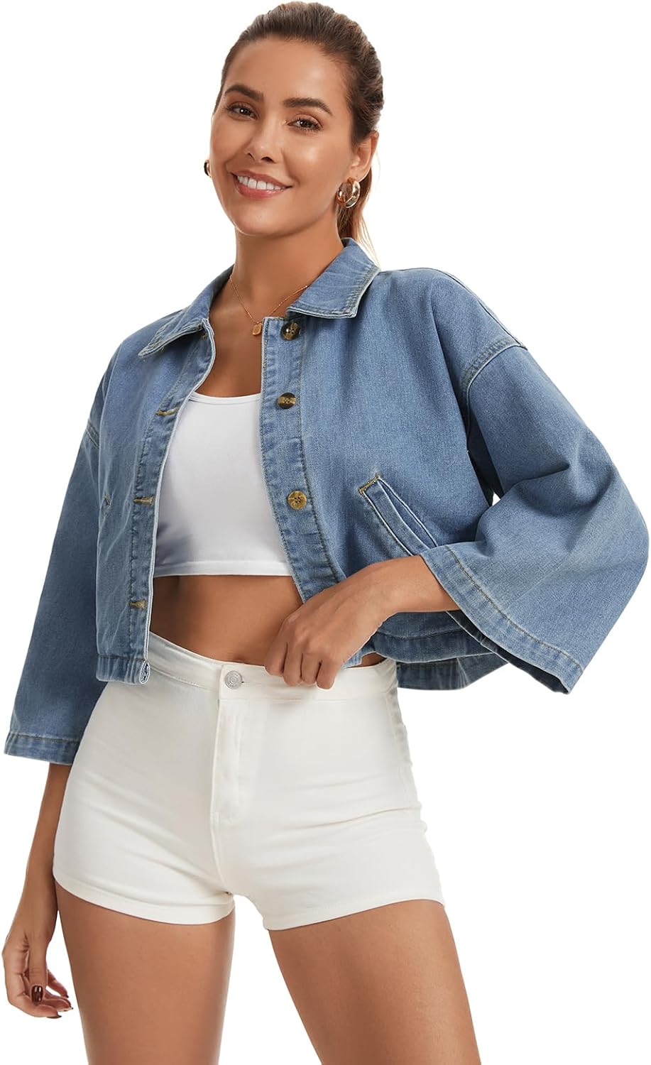 Womens Denim Jackets with 3/4 Sleeve Casual Button Down Jean Shirt, Shacket Loose Coat with Pockets - Image 4