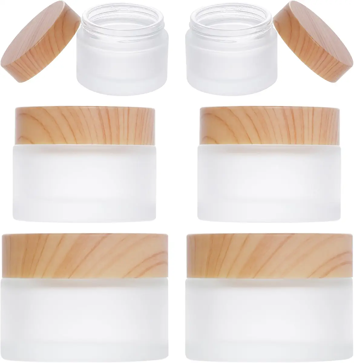 Miayon 6Pcs Glass Cosmetic Containers with Wood Lid Refillable Cosmetic Jar Frosted Glass Cream Container with Leak-proof Lid Empty Sample Jar for Makeup,Lotions,Eye Creams,Scrub Cream,Home Travel Use