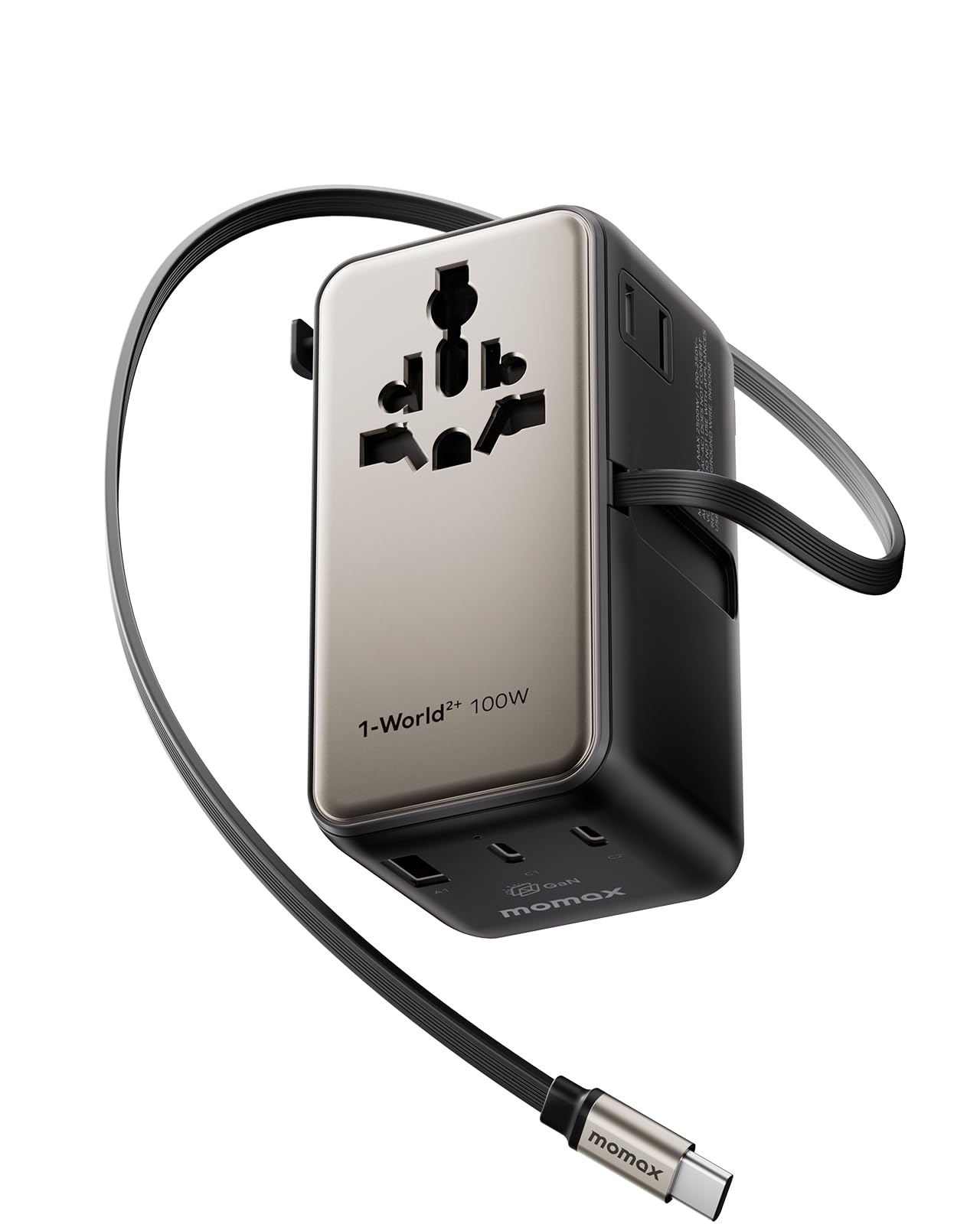MOMAX Adattatore da viaggio universale da 100 W con cavo estensibile, spina da viaggio universale con 2 prese CA, 3 porte USB C e 1 porte USB A, adattatore da viaggio internazionale - Oro