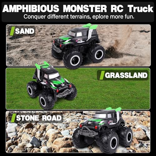 Learn2M Amphibious Remote Control Cars, 1/20 Stunt RC Rock Crawler Monster Truck Toy with Two Alternative Rechargeable Batteries, All-Terrain 4WD Off-Road Vehicle Toys Gift for Kids Age 8-12 Green - Thumbnail 5