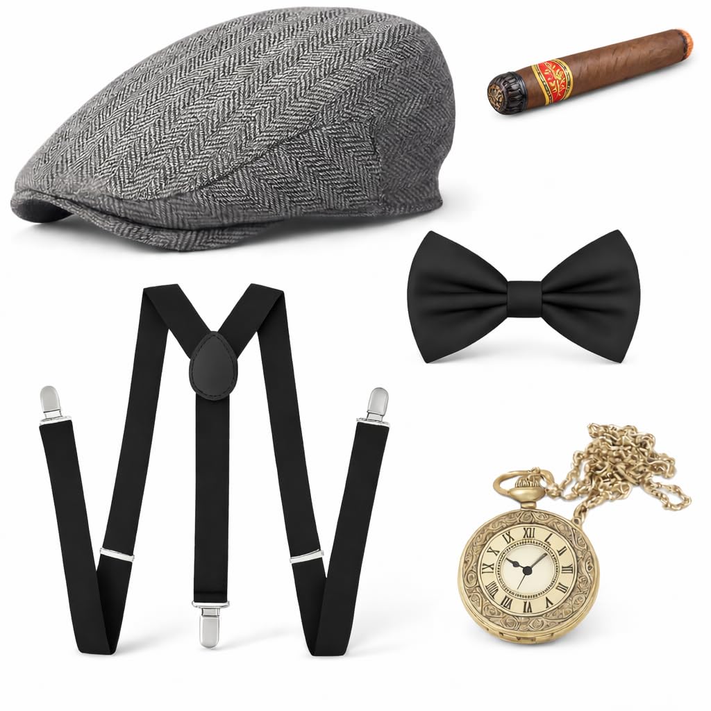TK Gruppe Timo Klingler 5 in 1 Kostüm 20er & 1920 Jahre Accessoires Herren Männer Set für Fasching & Karneval - Verkleidung wie Gatsby, Charleston - Kostüm & Fastnachtskostüme