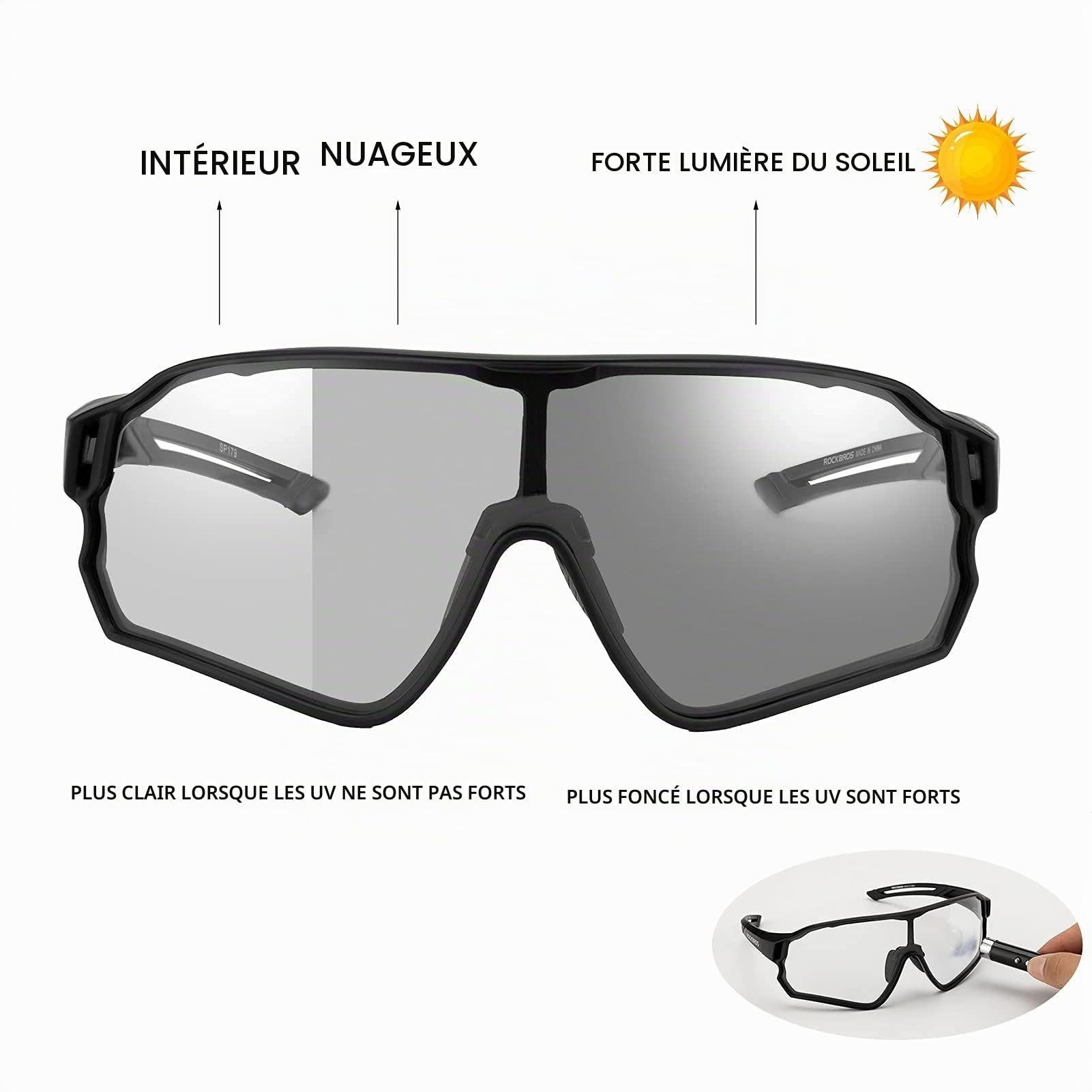 ROCKBROS Lunettes de Cyclisme Photochromiques UV400 Noir | Lunettes de Soleil Sport, Verres Clairs Adaptatifs, Protection UV, Coupe-Vent pour Vélo, Conduite, Pêche et Golf
