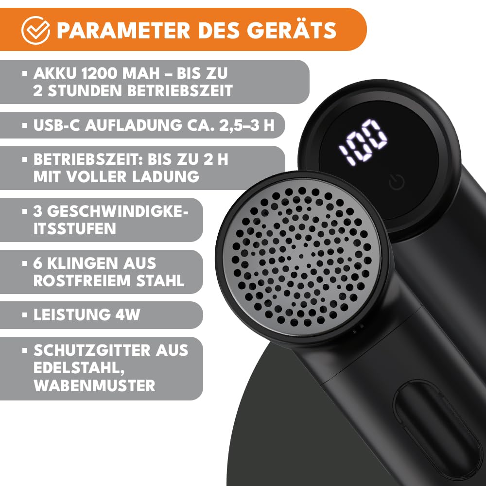 KRUMAD Golarka do ubrań elektryczna z wyświetlaczem LED – 6-ostrzowa golarka do tkanin z 3 prędkościami – Bezprzewodowy odmechacz z akumulatorem 1200 mAh – Usuwacz kłaczków i włosów
