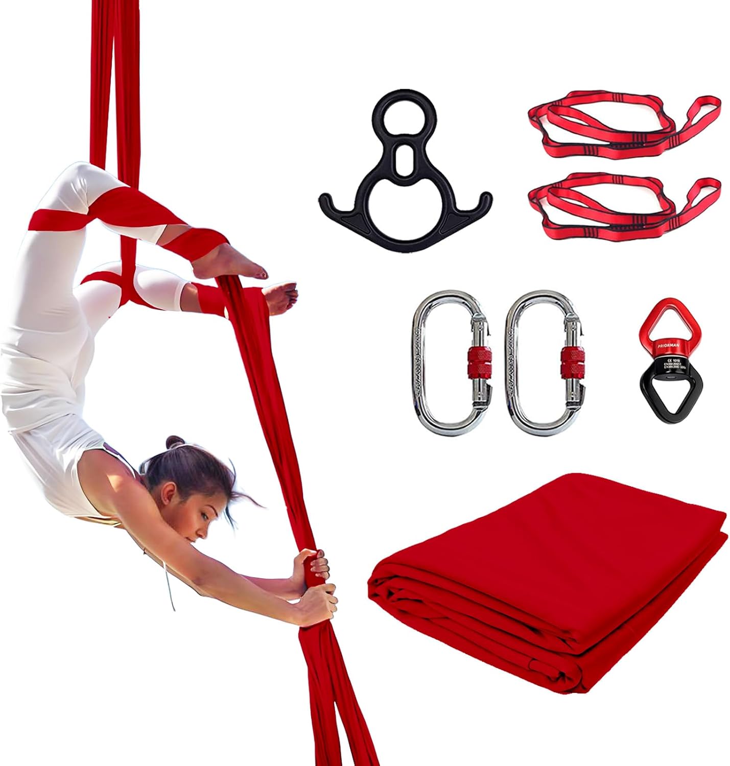 Aerial Silks Set, Premium 10Y(9.1m) Medium Stretch 40D Nylon Fabric with Hardware Rigging Kit, Aerial Yoga Hammock for Anti-Gravity Flying， Starter Set for All Levels, Home/Outdoor Use(Red)