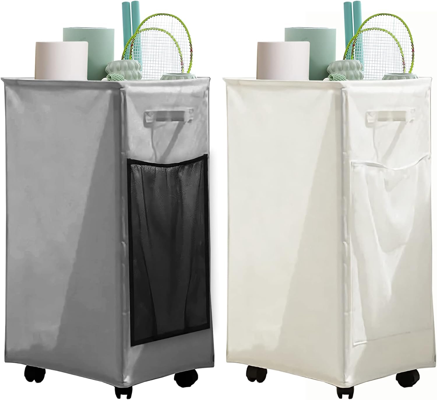 2Pcs Laundry Hamper With Wheels, Yoga Mat Storage Basket, Rolling Clothes Cart, Collapsible Corner Organizer, Foldable Racks, Gray and Beige, 84L