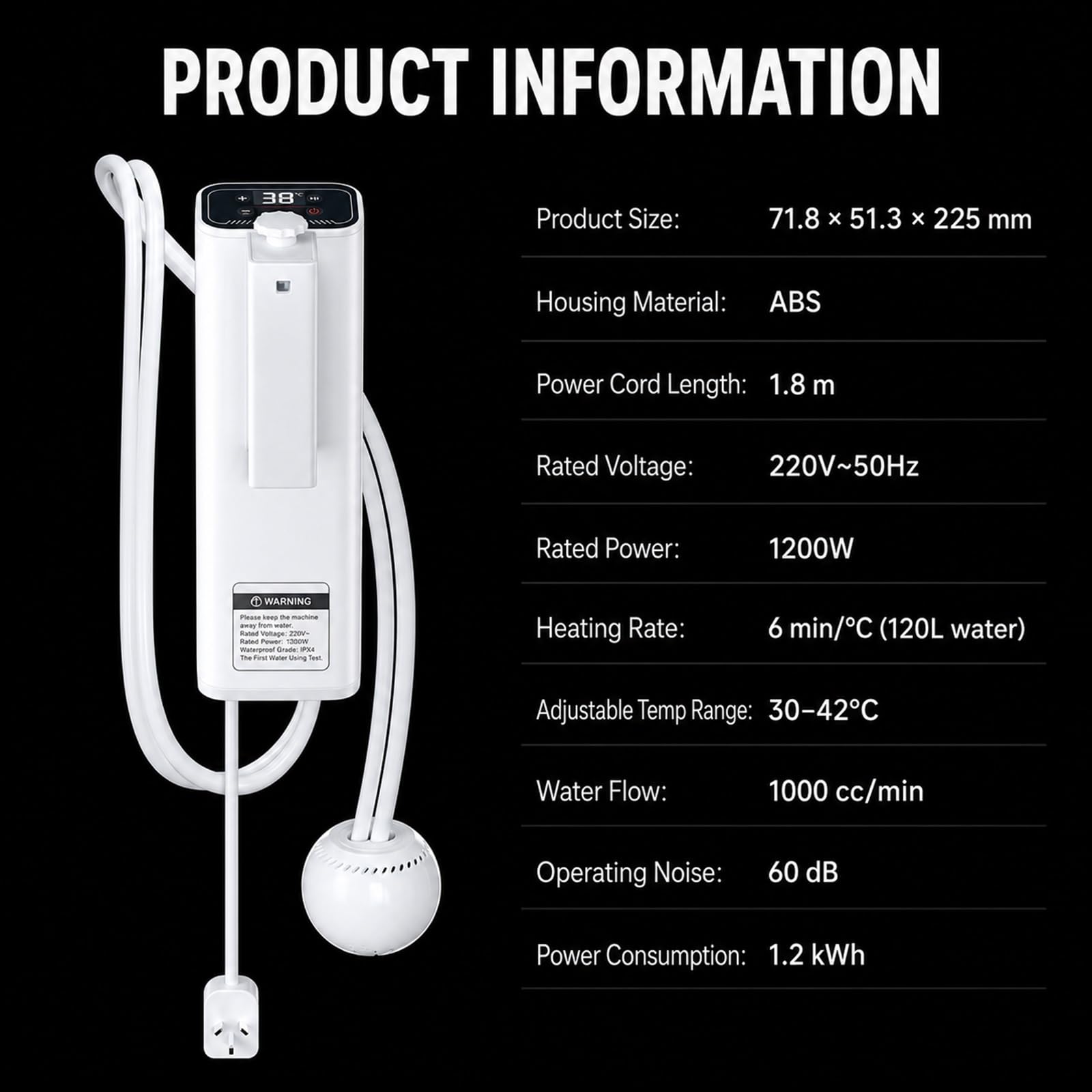 Termostato Per Riscaldatore Di Vasca Idromassaggio Pieghevole Per Adulti, Riscaldatore Ad Immersione Da 1200W Con Temperatura Regolabile Da 30 A 42°C, Riscaldatore Sommergibile Portatile