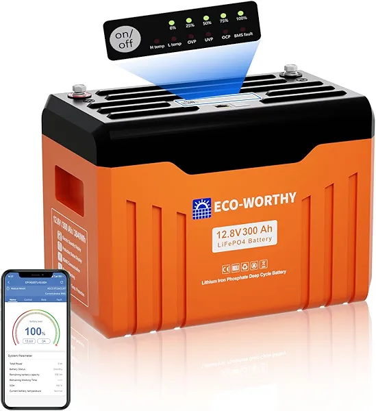 ECO-WORTHY 12V 300AH ​LiFePO4 Lithium Battery Bluetooth with SOC LEDs, Low Temp Protection, 3840WH, 200A BMS Up to 15000 Deep Cycle for Off-Grid, RV, Solar Power System, HomeBackup