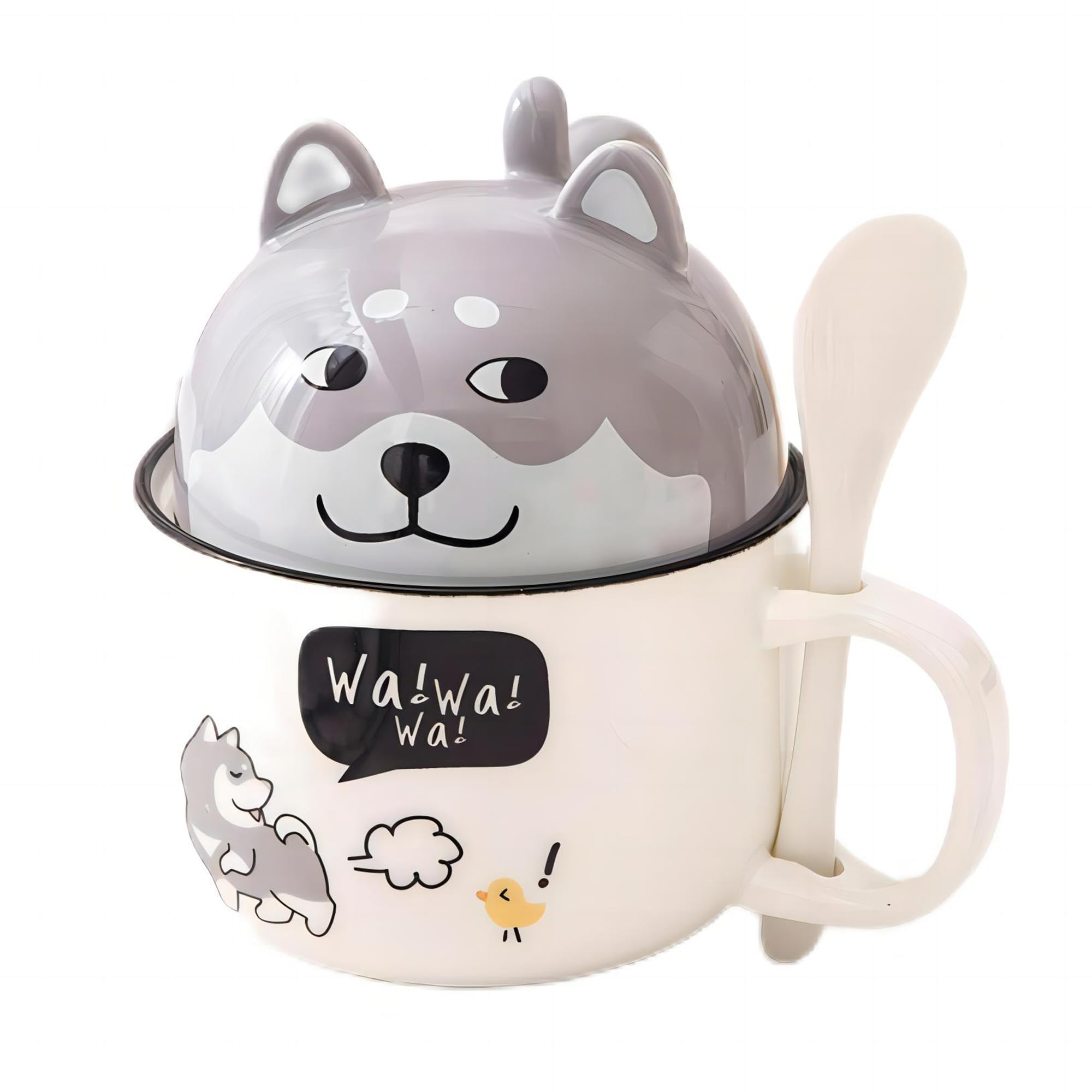 MBSM Creative Mug Husky Cartoon Animal Ceramic Coffee Cup Bulldog Shiba Cat Cup Couple Home Decoration Glass Breakfast Milk Cup with Lid Cover Gifts for Women Friends Kids (Husky)