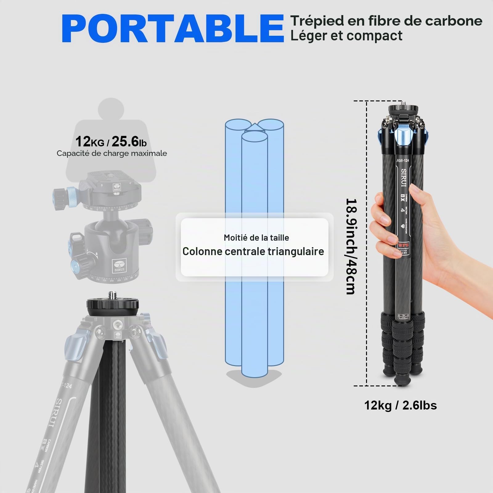 SIRUI Kit de trépied en Fibre de Carbone AM-124+AM-01 avec Colonne Centrale Triangulaire, serrures de Jambe étanches, tête Fluide pour vidéo, pour Filmer, vidéographie, capacité de Charge de 12 kg