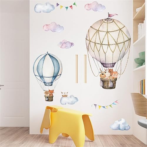 Calcomanías de pared de nubes de acuarela, animales de dibujos animados, globos aerostáticos, calcomanías de pared extraíbles de PVC para despegar y