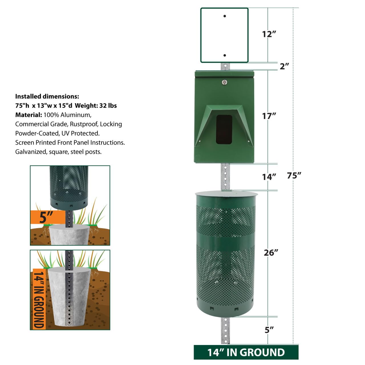Mutt Mitt® Rustproof Commercial Grade Aluminum Dog Waste Station with 400 Singles Dog Waste Bags & 25 Trash can Liners Included (Green - Singles Bags)