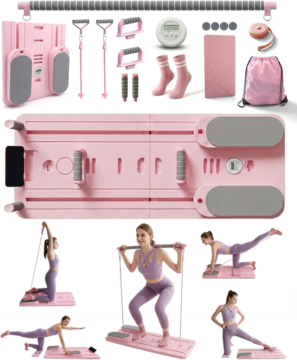 Pilates Board, Pilates Reformer Set Gifts for Women, New Upgraded Multi-Purpose Pilates Board for Home Workouts, Foldable Home Pilates Machine for Fitness, Exercise, Abs, Core Equipment