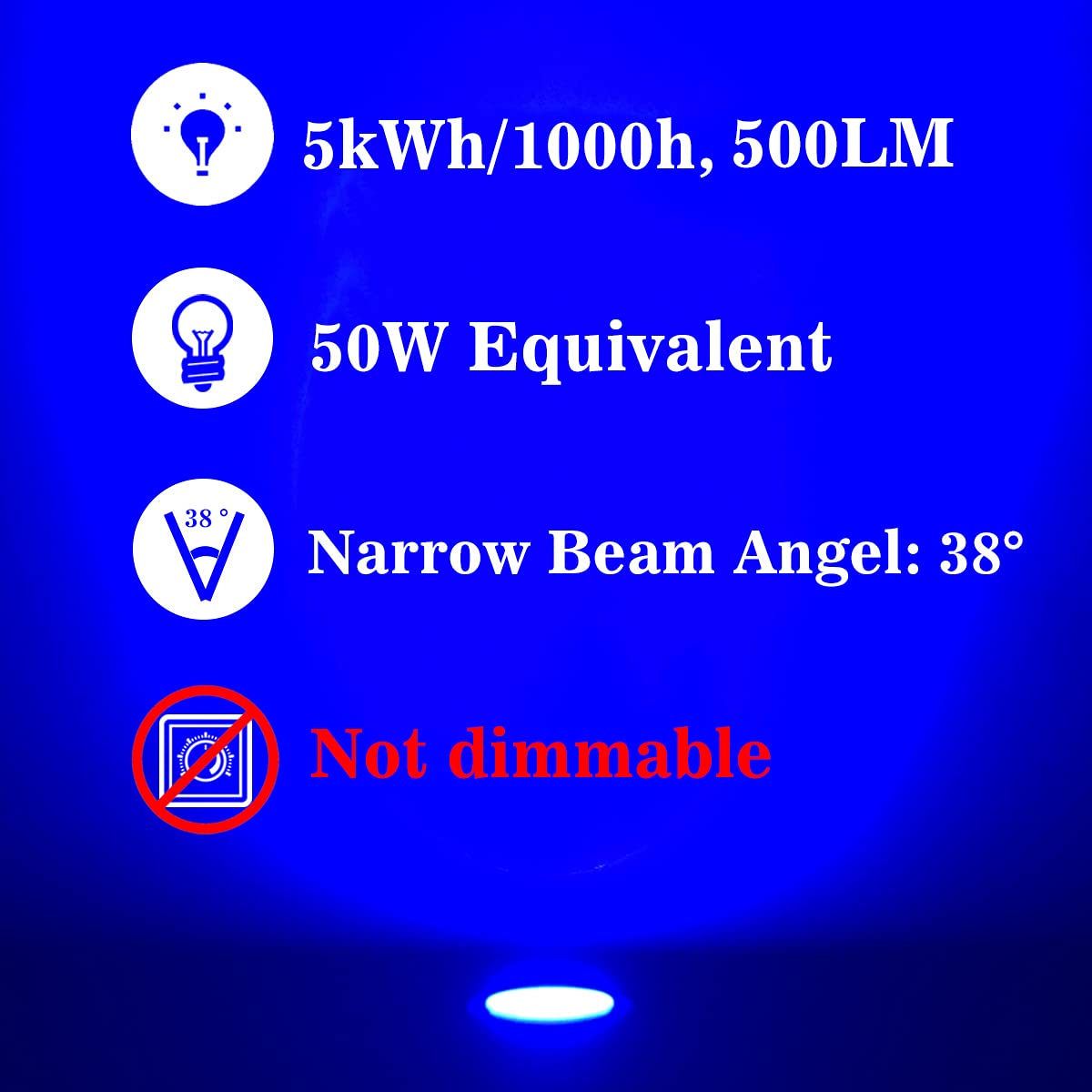 GU10 żarówki LED, kolor niebieski, 5 W, odpowiednik żarówki halogenowej 50 W, nieściemniane, 500 lm, 38°, wąski kąt wiązki, oświetlenie punktowe, używane do oświetlenia krajobrazu, oświetlenia
