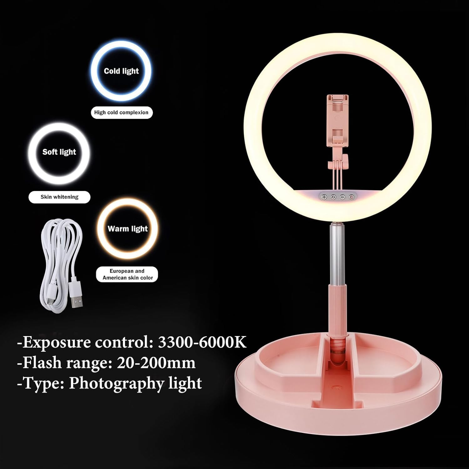 Portable Folding Ring Light with Adjustable LED Dimmable Brightness Mobile Phone Bracket Beauty Lamp for Live Streaming and Video Recording, Pink