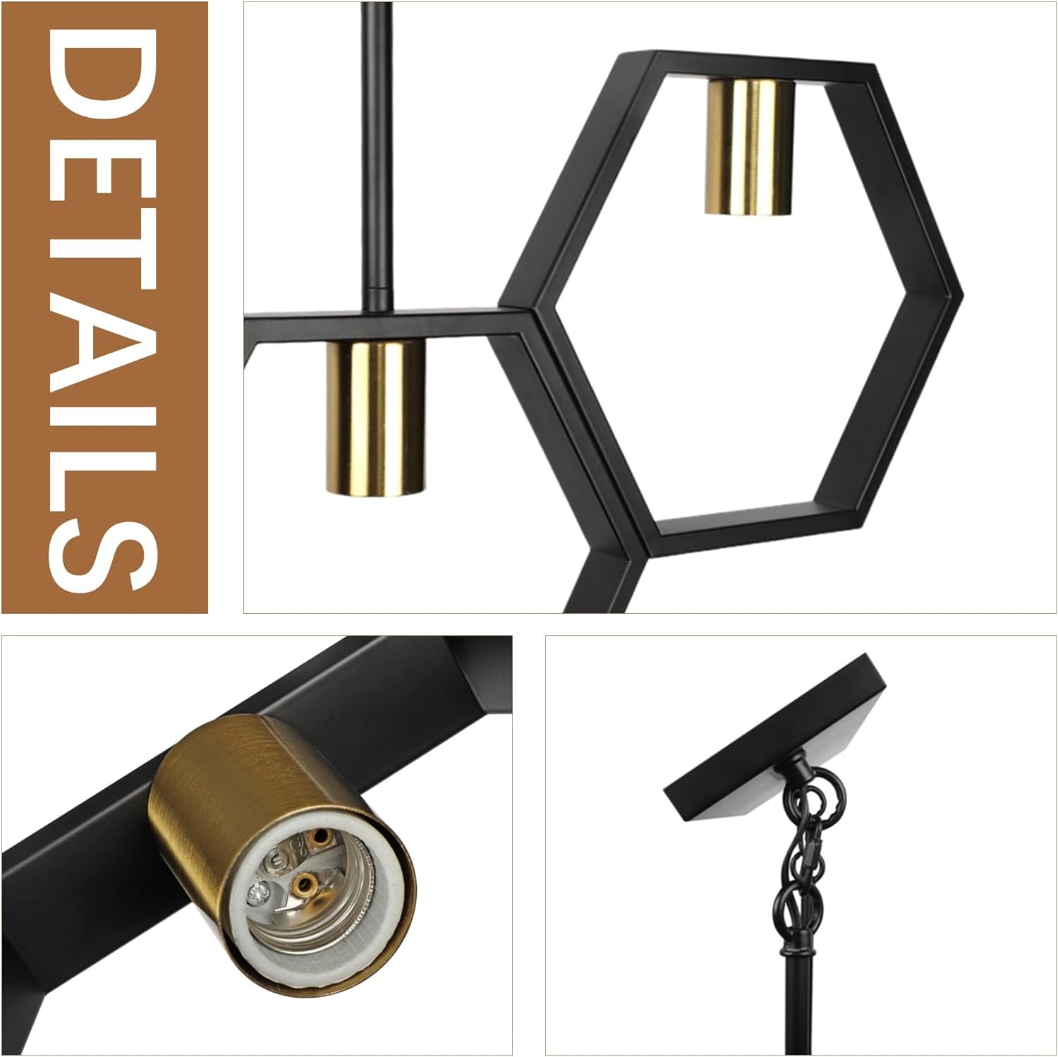 5-Light Dining Room Light Fixtures Over Table, Industrial Kitchen Island Lighting, Adjustable Height Hanging Rectangular Chandelier, Modern Pool Table Lights, Black/Gold Finish