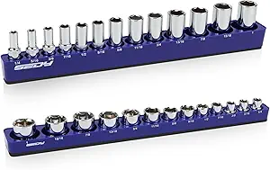 2-Piece 3/8"-Drive SAE Magnetic Socket Organizer Set (Holds 26 Sockets) - Detachable Tool Tray with 5mm Magnetic Base, Screw-Fixed Design & Heavy-Duty Modular Storage for Garage/Home Workshop