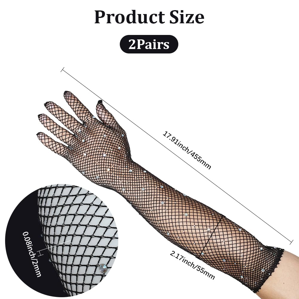 GORGECRAFT 2 Pair Long Punk Fish Net Arm Sleeves Black Women Goth Rhinestone Fishnet Gloves Elbow Length Mesh Sparkly Glitter Fashion Opera Gloves for 80s Costume Cosplay Halloween Wedding Party - Image 2