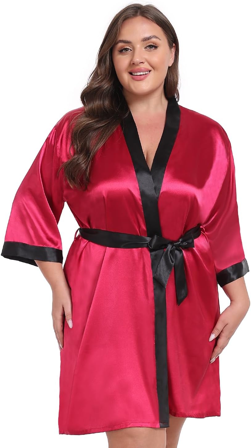 Women Plus Size Robe Knee Length Satin Kimono Bathrobe Floral Kimonos Sleepwear Dressing Gown