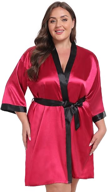 Women Plus Size Robe Knee Length Satin Kimono Bathrobe Floral Kimonos Sleepwear Dressing Gown