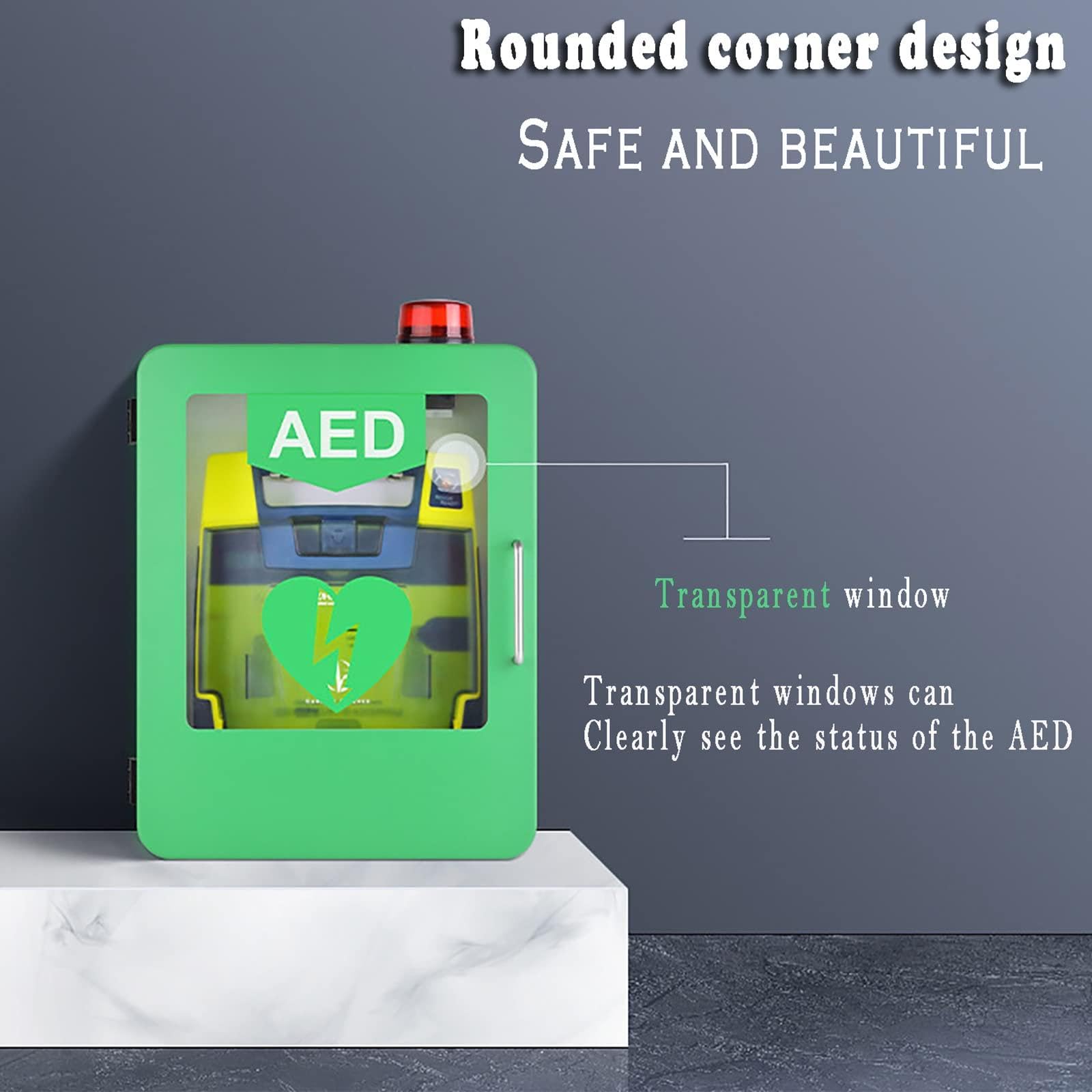 Armadietto per Defibrillatore Semiautomatico Esterno (Dae) - Contenitore a Parete Con Allarme E Luce Di Emergenza, Cassetta Pronto Soccorso a Parete, Design Con Angoli Arrotondati,Green
