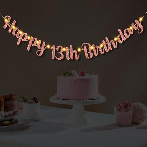 Yatufom Happy 13th Birthday Decorations for Girls, Lighted 13th Bday Banner | Pre-strung banner, includes 2pcs warm white lights, funny 13th favors, shining photo backdrop, indoor outdoor use