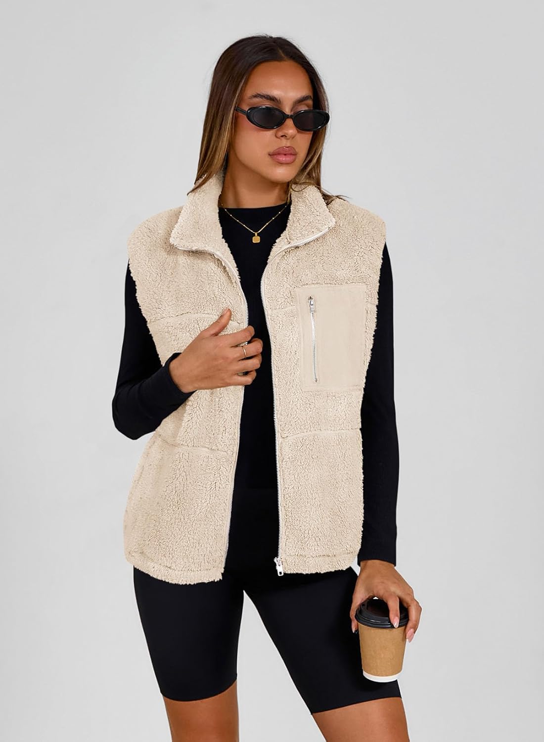 SimpleFun Women's Fuzzy Fleece Vest Trendy Zip Up Sleeveless Sherpa Jacket Stand Collar Winter Coat Outerwear with Pockets - Image 4