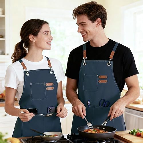 Miniatura 5 de Delantal de chef para mujeres y hombres con bolsillos, delantal de jardinería ajustable de lona de algodón con espalda cruzada