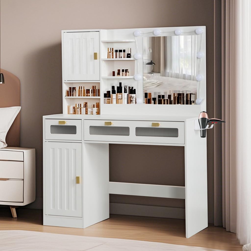 Modern Vanity Desk with Large Lighted Mirror, 3 Color Lighting Modes, Brightness Adjustable - Dressing Table with Charge Station and Hair Dryer Stand, Makeup Table for Women, Girls